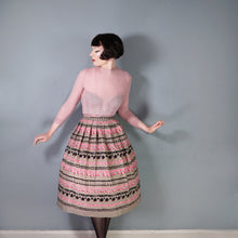 Load image into Gallery viewer, BROWN 50s FULL COTTON SKIRT WITH TROMP L&#39;OEIL POMPOM RIBBON PRINT - 25&quot;