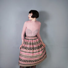 Load image into Gallery viewer, BROWN 50s FULL COTTON SKIRT WITH TROMP L&#39;OEIL POMPOM RIBBON PRINT - 25&quot;