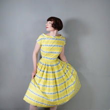 Load image into Gallery viewer, 50s YELLOW STRIPE AND FLORAL PRINT FULL SKIRTED COTTON DRESS - S