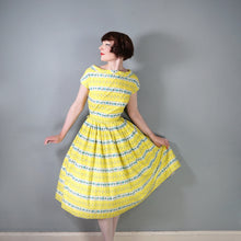 Load image into Gallery viewer, 50s YELLOW STRIPE AND FLORAL PRINT FULL SKIRTED COTTON DRESS - S