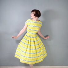 Load image into Gallery viewer, 50s YELLOW STRIPE AND FLORAL PRINT FULL SKIRTED COTTON DRESS - S