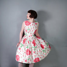 Load image into Gallery viewer, 50s 60s WHITE AND PINK ROSE FLORAL PRINT FULL SKIRT COTTON DAY DRESS - S