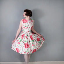 Load image into Gallery viewer, 50s 60s WHITE AND PINK ROSE FLORAL PRINT FULL SKIRT COTTON DAY DRESS - S