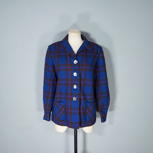 50s BLUE PENDLETON 49ER BOXY WOOL PLAID CHECK JACKET - M-L
