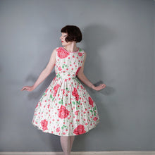 Load image into Gallery viewer, 50s 60s WHITE AND PINK ROSE FLORAL PRINT FULL SKIRT COTTON DAY DRESS - S