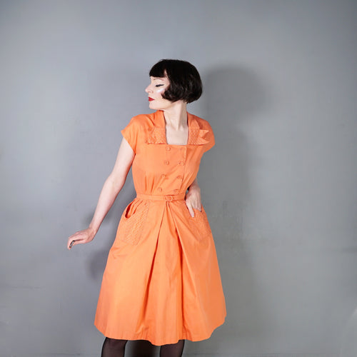 40s ORANGE COTTON TEA DRESS WITH PINTUCK DETAILS - S