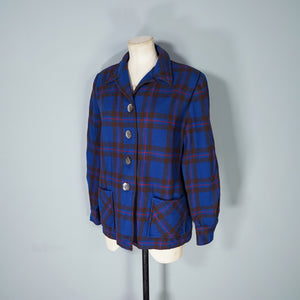 50s BLUE PENDLETON 49ER BOXY WOOL PLAID CHECK JACKET - M-L