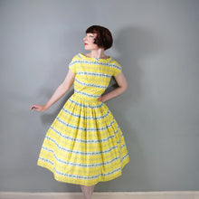 Load image into Gallery viewer, 50s YELLOW STRIPE AND FLORAL PRINT FULL SKIRTED COTTON DRESS - S