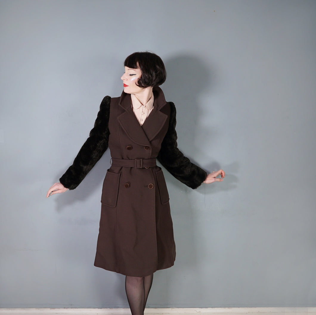70s YOUR SIXTH SENSE BROWN FAUX FUR SLEEVE BELTED COAT - S