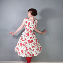 Load image into Gallery viewer, 50s RED FLORAL RHINESTONED COTTON DRESS WITH POCKETS - S-M