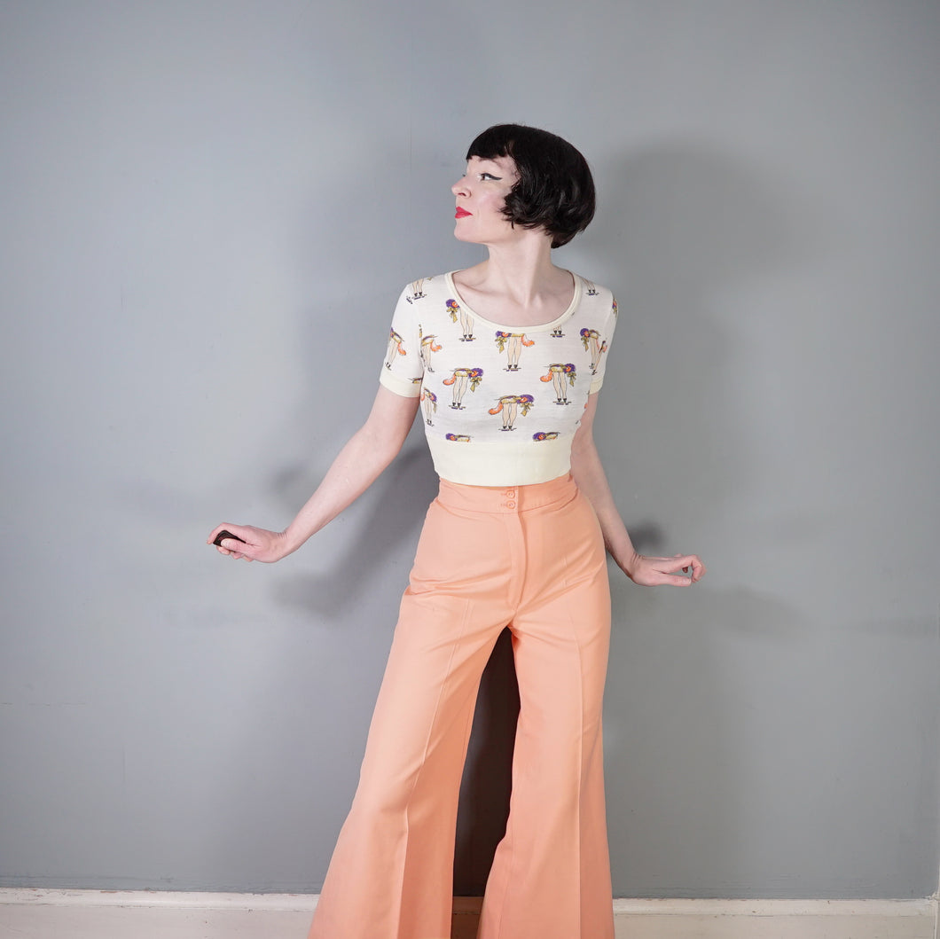 70s PASTEL PEACHY PINK HIGH WAIST WIDE LEG FLARES TROUSERS - 26