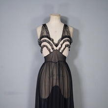 Load image into Gallery viewer, 50s 60s SHEER LONG BLACK NYLON SLIP / GOWN WITH RUFFLED BUST - XS-S