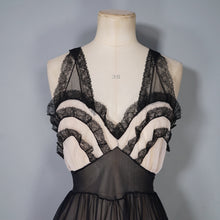 Load image into Gallery viewer, 50s 60s SHEER LONG BLACK NYLON SLIP / GOWN WITH RUFFLED BUST - XS-S
