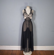 Load image into Gallery viewer, 50s 60s SHEER LONG BLACK NYLON SLIP / GOWN WITH RUFFLED BUST - XS-S