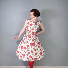 Load image into Gallery viewer, 50s RED FLORAL RHINESTONED COTTON DRESS WITH POCKETS - S-M