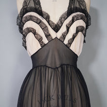 Load image into Gallery viewer, 50s 60s SHEER LONG BLACK NYLON SLIP / GOWN WITH RUFFLED BUST - XS-S
