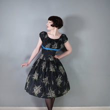 Load image into Gallery viewer, 50s BETTY LO BLACK FLORAL DRESS WITH FULL SKIRT AND SHELF BUST - M
