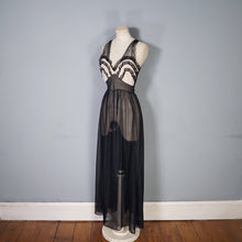 Load image into Gallery viewer, 50s 60s SHEER LONG BLACK NYLON SLIP / GOWN WITH RUFFLED BUST - XS-S