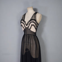 Load image into Gallery viewer, 50s 60s SHEER LONG BLACK NYLON SLIP / GOWN WITH RUFFLED BUST - XS-S