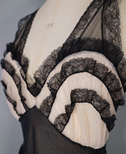 Load image into Gallery viewer, 50s 60s SHEER LONG BLACK NYLON SLIP / GOWN WITH RUFFLED BUST - XS-S