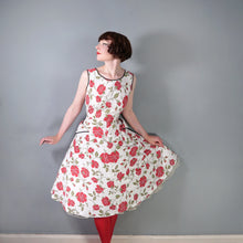 Load image into Gallery viewer, 50s RED FLORAL RHINESTONED COTTON DRESS WITH POCKETS - S-M