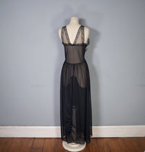 Load image into Gallery viewer, 50s 60s SHEER LONG BLACK NYLON SLIP / GOWN WITH RUFFLED BUST - XS-S