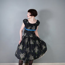 Load image into Gallery viewer, 50s BETTY LO BLACK FLORAL DRESS WITH FULL SKIRT AND SHELF BUST - M