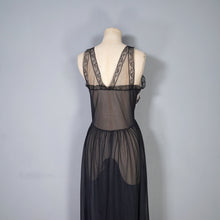 Load image into Gallery viewer, 50s 60s SHEER LONG BLACK NYLON SLIP / GOWN WITH RUFFLED BUST - XS-S