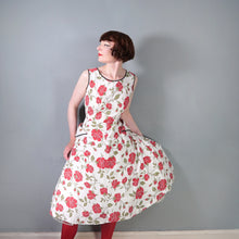 Load image into Gallery viewer, 50s RED FLORAL RHINESTONED COTTON DRESS WITH POCKETS - S-M
