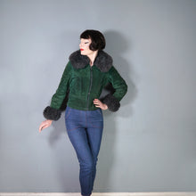 Load image into Gallery viewer, 70s DEEP GREEN CROPPED SUEDE FLEECE LINED JACKET WITH SHEEPSKIN COLLAR AND CUFFS - XS-S