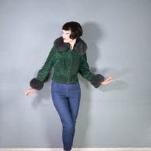 Load image into Gallery viewer, 70s DEEP GREEN CROPPED SUEDE FLEECE LINED JACKET WITH SHEEPSKIN COLLAR AND CUFFS - XS-S