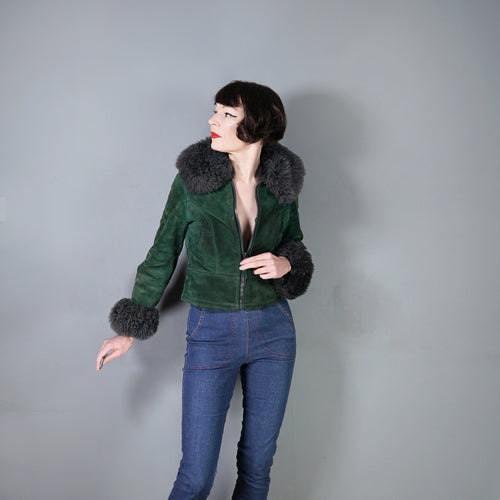 70s DEEP GREEN CROPPED SUEDE FLEECE LINED JACKET WITH SHEEPSKIN COLLAR AND CUFFS - XS-S