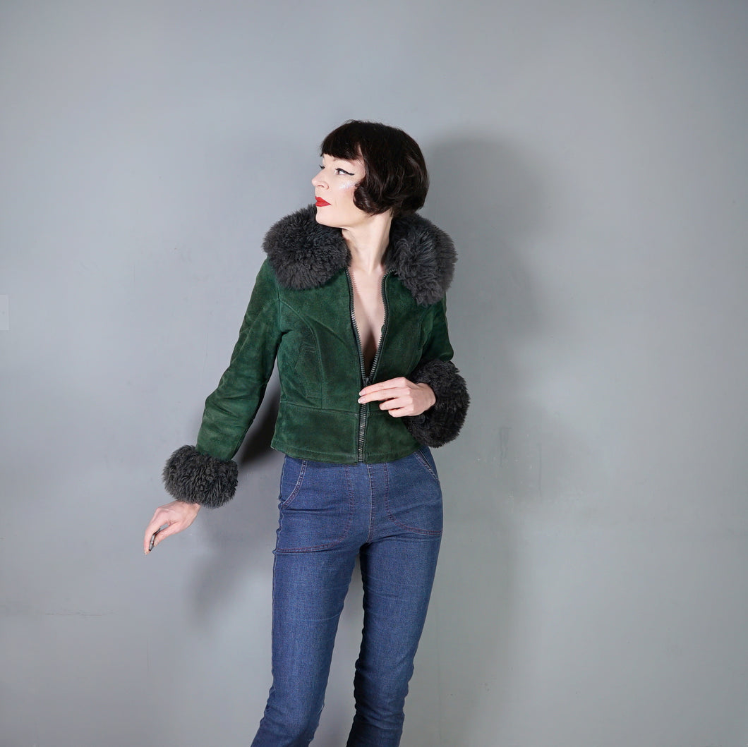70s DEEP GREEN CROPPED SUEDE FLEECE LINED JACKET WITH SHEEPSKIN COLLAR AND CUFFS - XS-S