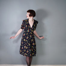 Load image into Gallery viewer, 70s JEFF BANKS BLACK FLORAL 40s INSPIRED SILKY TEA DRESS - S