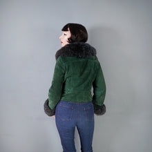 Load image into Gallery viewer, 70s DEEP GREEN CROPPED SUEDE FLEECE LINED JACKET WITH SHEEPSKIN COLLAR AND CUFFS - XS-S