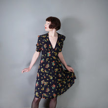 Load image into Gallery viewer, 70s JEFF BANKS BLACK FLORAL 40s INSPIRED SILKY TEA DRESS - S