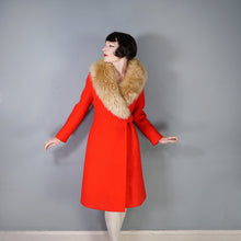 Load image into Gallery viewer, 60s BOLD RED WOOL MOD COAT WITH BUCKLE AND BIG SHEEPSKIN COLLAR -