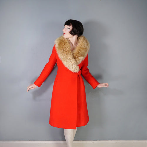 60s BOLD RED WOOL MOD COAT WITH BUCKLE AND BIG SHEEPSKIN COLLAR -