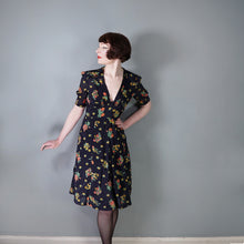 Load image into Gallery viewer, 70s JEFF BANKS BLACK FLORAL 40s INSPIRED SILKY TEA DRESS - S