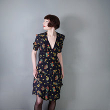 Load image into Gallery viewer, 70s JEFF BANKS BLACK FLORAL 40s INSPIRED SILKY TEA DRESS - S