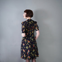 Load image into Gallery viewer, 70s JEFF BANKS BLACK FLORAL 40s INSPIRED SILKY TEA DRESS - S