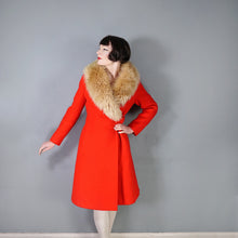 Load image into Gallery viewer, 60s BOLD RED WOOL MOD COAT WITH BUCKLE AND BIG SHEEPSKIN COLLAR -