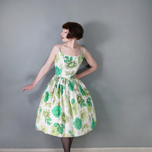 Load image into Gallery viewer, 50s 60s BUNNY CASUALS BIG GREEN FLOWER PRINT STRAPPY SUN DRESS - S