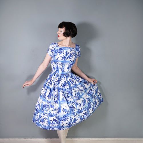 50s PEGGY PAGE BLUE WHITE PAINTERLY FLORAL CHECK COTTON DAY DRESS - M