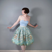 Load image into Gallery viewer, 50s 60s GREEN AND BLUE IMPRESSIONIST VILLAGE LANDSCAPE NOVELTY PRINT SKIRT - 25"