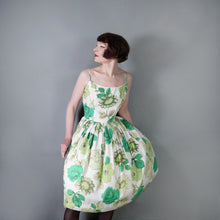 Load image into Gallery viewer, 50s 60s BUNNY CASUALS BIG GREEN FLOWER PRINT STRAPPY SUN DRESS - S