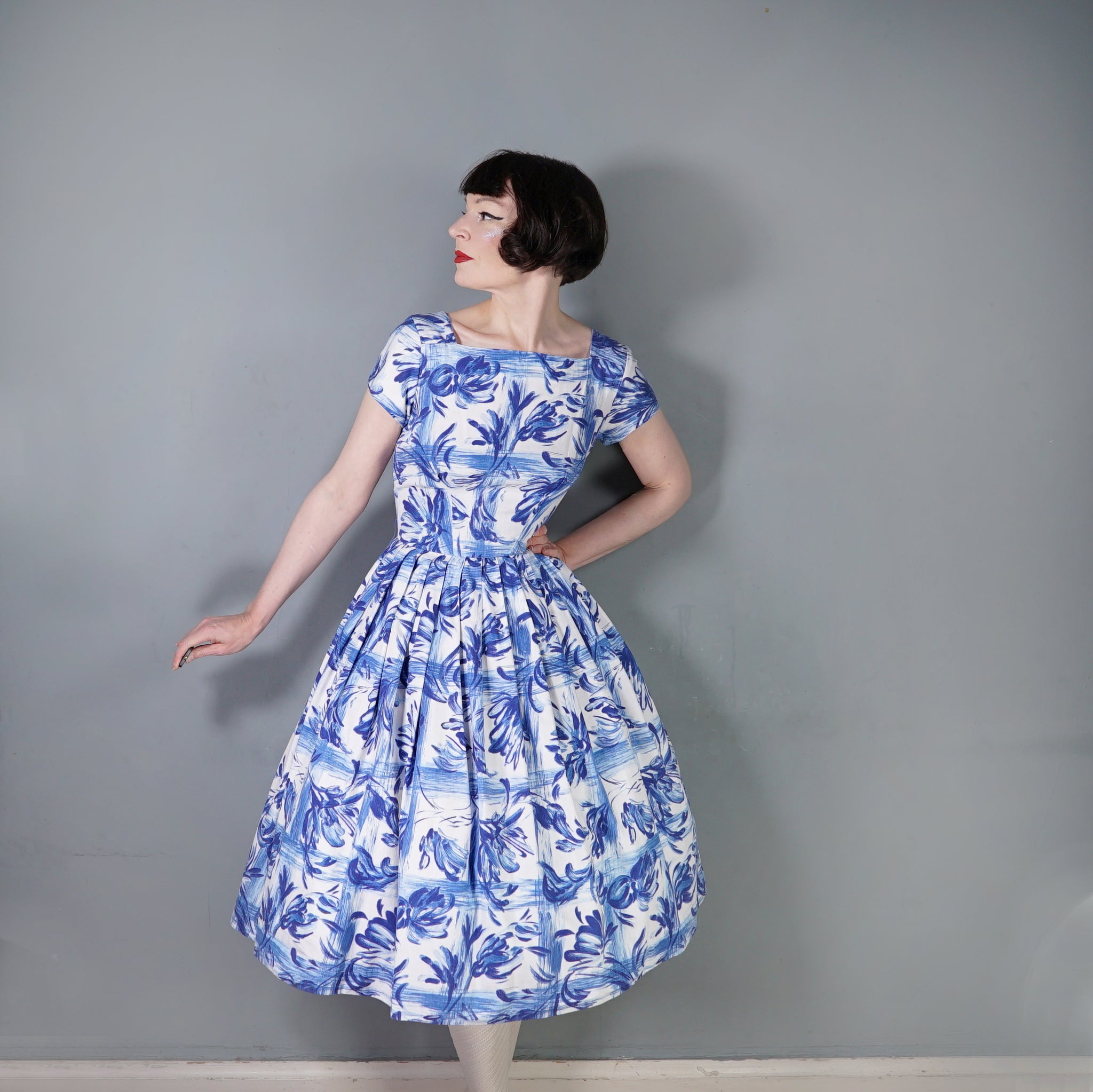 blue and white dress uk Blue Rosaceae Swing Dress in White/Blue