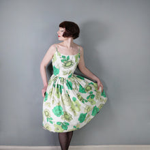 Load image into Gallery viewer, 50s 60s BUNNY CASUALS BIG GREEN FLOWER PRINT STRAPPY SUN DRESS - S