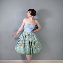 Load image into Gallery viewer, 50s 60s GREEN AND BLUE IMPRESSIONIST VILLAGE LANDSCAPE NOVELTY PRINT SKIRT - 25"