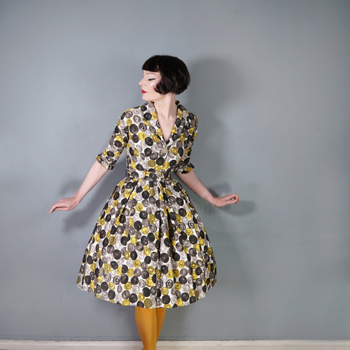 50s 60s ASCOT MODEL GREY YELLOW CIRCLE PRINT BELTED SHIRTWAISTER DRESS - XS